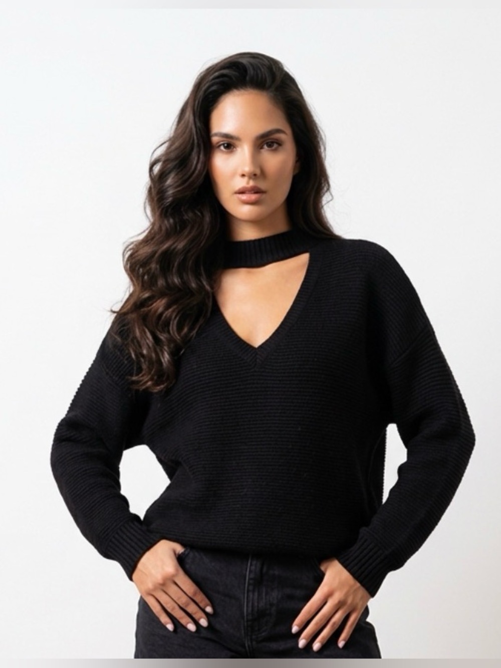 Petal & Pup oversized black knit sweater with front neck cut out